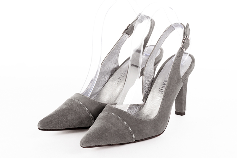 Dove grey and light silver women's slingback shoes. Pointed toe. High slim heel. Front view - Florence KOOIJMAN